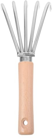 IWOWHERO Rastrillo de Mano de Acero Inoxidable con Mango Ergonómico de Madera Dientes para Desmalezar y Airear Suelo Herramienta de Jardinería Duradera para Huertos y Jardines Pequeños