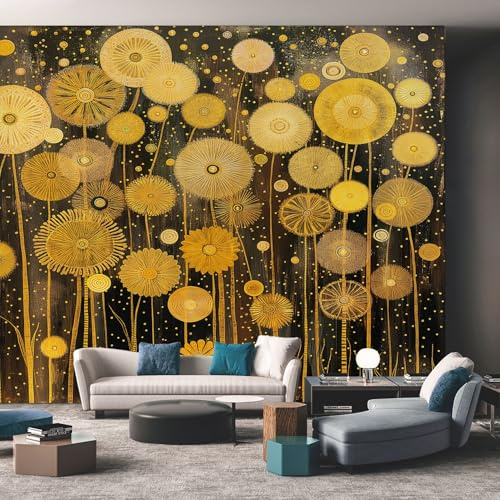 Golden Floral Wallpaper - Black Gold Dandelion Wall Mural - Wall Murals for Living Room Bedroom - Photo Wallpaper & Home Decor Art - 350 x 256 cm A-2517
