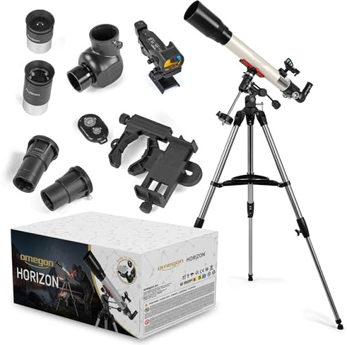 Omegon Teleskop Horizon CR AC 70/700 EQ-1 Neo | Achromatischer Refraktor | EQ-1 Neo Montierung | Edelstahl-Stativ | Komplettset mit Zubehör | für Mond, Planeten & Naturbeobachtung