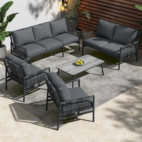 Xwiny Gartenmöbel Set aus Rattan, Balkonmöbel Set, 5-Teiliges, 1 Dreisitzer-Sofa, 1 Doppelsofa, 2 Einzelsofa, 1 Tisch, Verstellbaren Füßen, Gehärtetem Glas, Alle Kissen Inklusive (Grau)