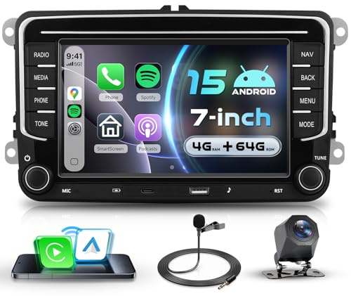 VECHTEL 4G+64G Autoradio Android 15 für VW Golf 5 6 Passat Jetta Caddy EOS T5 Tiguan Touran CC Polo, 7'' IPS Touchscreen mit Drahtlos Carplay Android Auto GPS WLAN USB/Typ-C Bluetooth FM RDS Kamera
