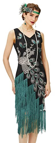 BABEYOND Abito Vintage Anni ‘20 con Paillettes e Motivo a Forma di Pavone, Stile Grande Gatsby, con Frange, Abito da Festa