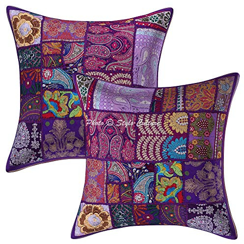 Stylo Culture Boho Forros para Cojines Decorativos 45x45 cm Algodón Abstracto Fundas De Almohadones Sofa Morado 18x18 Inch Patchwork Vintage Cuadrado sobre Funda Cojin Silla - 2 Pcs