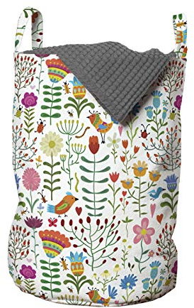 ABAKUHAUS Blumen Wäschesack, Doodle Wald Habitat, Wäschekorb mit Griffen Kordelzugverschluss für Waschsalons, 33 cm breit x 49 cm hoch, Weiß Grün
