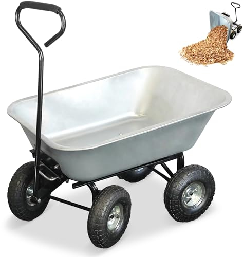 FISHTEC - Handwagen für den Garten 75 l - Anhänger mit Schubkarre und 4 Luftreifen - Kippmulde - Maximale Tragkraft 250 kg - Langer Griff - 86 x 60,5 cm - Verzinktes Metall