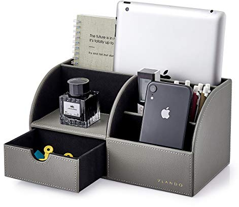 VLANDO Schreibtisch-Organizer Edel mit 5 Fächern, Stifteköcher inkl. Schublade Leder, Organizer Büro, Multifunktionaler Stiftehalter, Organizer Schreibtisch für Handy Fernbedienungshalter