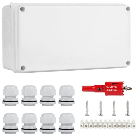 DAMORON Junction Box IP65 Waterproof, Surface-Mounted Junction Box, Diameter 12-15 mm, ABS Junction Box Large, Flush-Mounted for Wet Rooms, Floor, Junction Box, White (200 x 100 x 70 mm)