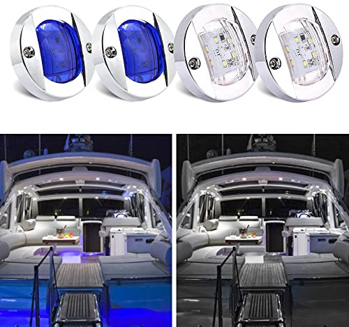 Biqing 4PCS Feux de Navigation de Bateau Blanc+Bleu,12V Lumière de Navigation à LED 3 Inch Rond Lumière Marine de Signal de Sécurité Lampe Acier inoxydable Imperméable pour Bateaux/Camion/Bus