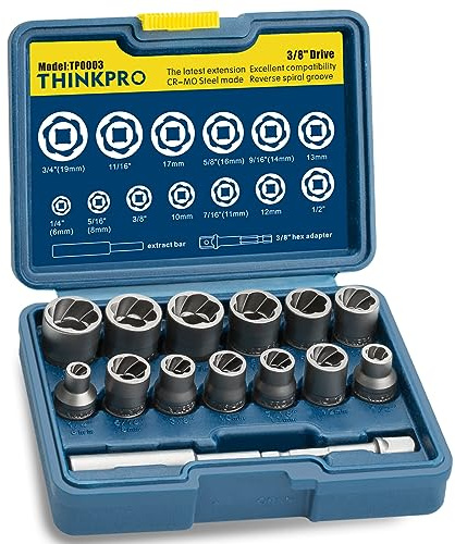 THINKPRO Lot de 15 extracteurs de boulons et écrous à percussion améliorés, extracteur d'écrous de roue dénudés, ensemble de douilles d'extraction pour enlever les boulons endommagés, gelés, rouillés,