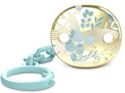 Suavinex Catenella Porta Succhietto, Edizione Gold, Per Neonati +0 Mesi, Clip Gioiello Effetto Metallizzato Oro, Azzurro