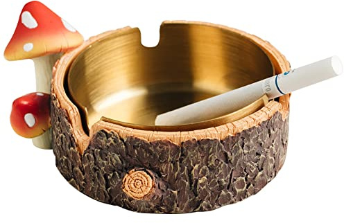 Cute Mushroom Ashtray with Stainless Steel Tray for Cigarette, Natural Resin Ash Tray for Indoor or Outdoor use, Ash Holder for Home and Garden Decor