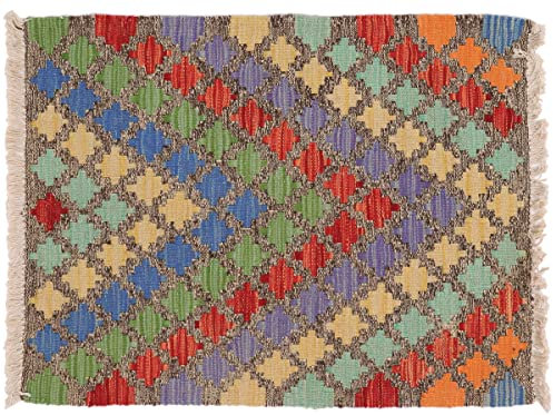 RUG PRINCE Afghan Maimana Kelim Teppich 60x90 Handgewebt Bunt Geometrisch Handarbeit Gewebt o
