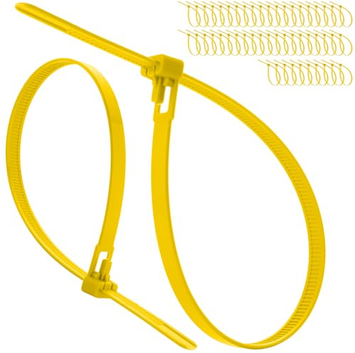 On1shelf Releasable Cable Ties 7.2mm x 300mm Yellow, 50 Pack Heavy Duty Reusable Zip Ties, Adjustable Removable Nylon PA66 Tie Wraps for Cable Identification & Workshop Organisation
