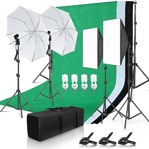 Softbox Fotografico Set con Fondale*3,Andoer Illuminazione Continua Luce da Studio Softbox 50x70cm *2 +Ombrelli 83cm*2 +Lampadine 45W *4 +Stativo 2M *4 +Supporti Per Sfondo +3M*2Morsetti*3 + Borsa