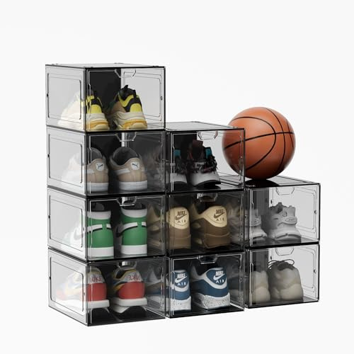 jphoiy box Scatole per Scarpe, Pacco da 9 Contenitori per Scarpe, Organizzatori Porta Scarpe Pieghevoli e Impilabili, Fino a Taglia 44, Trasparente e Bianco