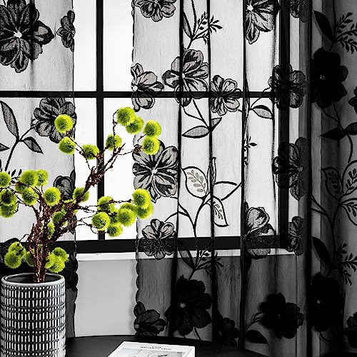 Schwarze durchsichtige Spitzenvorhänge für Schlafzimmer, Wohnzimmer, Studio, 183 cm lang, Vintage-Rosen-Blumenmuster, bestickt, halbtransparent, Bleistiftfalten, Sichtschutz, Blätter, durchsichtige