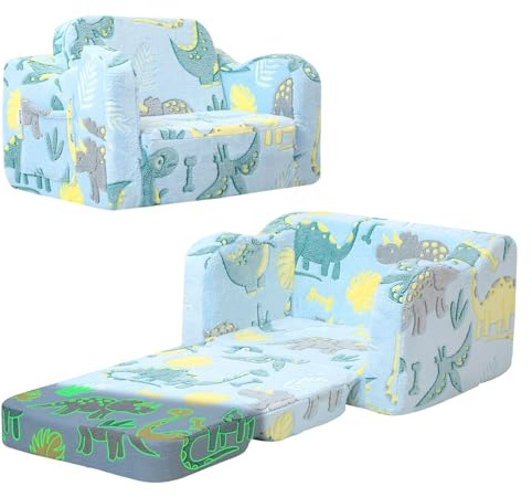 MeMoreCool Glowing Dinosaur Kids Chair, 2-in-1 Convertible Kids Couch Fold Out to Lounger, Glow-in-the-Dark Dino Sofa for Boys Ages 1-3, Soft Foam Flip-Out Seat with Washable Cover, Sky Blue