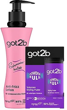 got2b Styling Puder Powderfull,verleiht sofortiges Volumen direkt am Ansatz(1x 10 g) & got2b Lotion Schmusekatze Anti-Frizz Lotion Halt, Styling Lotion für geschmeidige Styles (1x200ml)