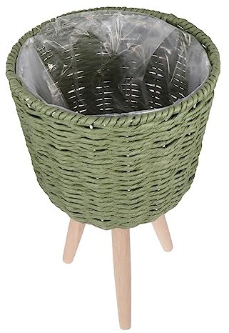 ABOOFAN Estante De Flores De Madera y Ratán Tejido para Balcón y Salón, Soporte Pequeño De Rattan Tipo Mimbre Verde, Porta Macetas De Suelo Decorativo para Interior y Exterior