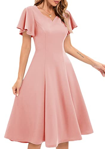 HomRain Ladies Modest Church Formal Cocktail Evening Dress for Graduation Prom, Elegant Midi Dresses for Wedding Guest Women Short Sleeve Fit and Flare Tea Party Dress, Blush M