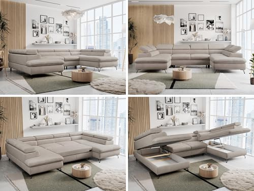 MKS MEBLE Sofa U-Form, Wohnlandschaft U-Form, Sofa mit Schlaffunktion und Bettkasten, Schlafsofa mit Bettkasten, Couch mit Verstellbare Kopfstützen - Peter U - Beige Velvet (ohne Topper)
