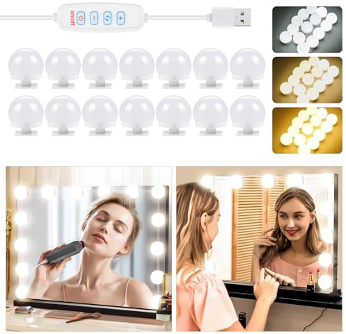 OSDUE Luz de Espejo LED, Luces para Espejo Maquillaje de Tocador Hollywood, Bombilla Regulable de 3 Colores con Interruptor y Cable USB, Adecuada para Tocador, Baño (Espejo No Incluido)(14pcs)