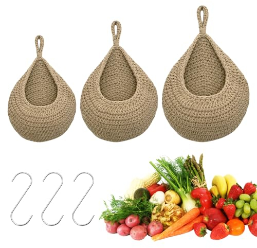 HOMURY 3 Stück Obstkorb Hängend: Handgewebt Hängekörbe mit 3 Haken, Baumwollegewebe Obstkorb, für Küche, Wohnen, Schlafzimmer(Klein, Mittel, Groß, Helle Hanffarbe)
