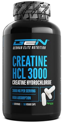 Creatine HCL - 180 Kapseln - Hochdosiert mit 3000 mg - Reines Kreatin Hydrochlorid - High Absorption - Hohe Bioverfügbarkeit - Vegan