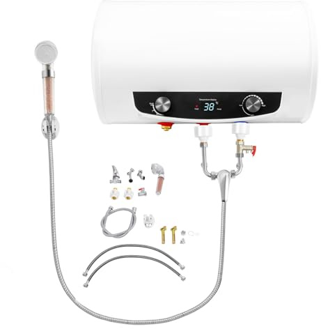 awolsrgiop 50L Elektro Warmwasserspeicher, 2000W Elektrische Durchlauferhitzer Wandmontage Warmwasserboiler mit Wasserhahn und Handbrause, IPX4, Heiztemperaturbereich 25-75℃ (50L)