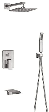 GKPSSURV Shower Mixer, Consealed Shower Mixer Set Square Rain Shower, Shower Mixer Set Shower Head and Hose and Holder Brushed Gold