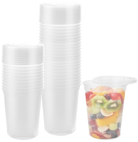 ZOFUN 50 Pièces Contenants de Stockage de Soupe en Plastique avec Couvercles, 950ml Gobelets Réutilisables pour Conservation des Aliments Étanches Congélateur Sûr Passe au Micro-ondes