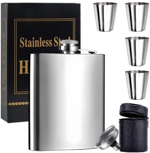 Fiaschetta Tascabile, dellyy Fiaschetta, Fiaschetta Personalizzata, Fiaschetta per Liquori, Fiaschetta Whisky, 8oz (224ml), con 4 Tazze e 1 Imbuto, per Escursione, Viaggio