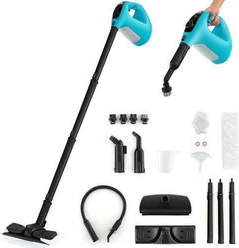 GOPLUS Nettoyeur Vapeur à Main 1400 W, Réservoir 400 ml & Verrouillage de Sécurité, Température 125 °C, Nettoyeur à Vapeur Portable avec 14 Accessoires pour Maison, Voiture (Bleu)