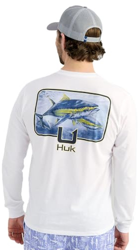 HUK Mens KC Scott Pocket Tee, Comfortable Performance Fishing Long Sleeve T-Shirt with Chest Pocket, Art Series - White, Large