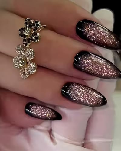 OXDOHUE 24 piezas Uñas postizas con purpurina morada estilo oscuro con pegamento, estilo gótico adecuado para citas y fiestas