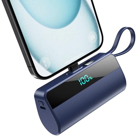 Batterie Externe pour iPhone, 5500mAh Mini Power Bank avec Câble USB C Intégrés, 20W PD Charge Rapide Chargeur Portable Écran LCD Batterie Portable Compatible avec iPhone17/16/15/14/13/12/11/X/8/7Bleu