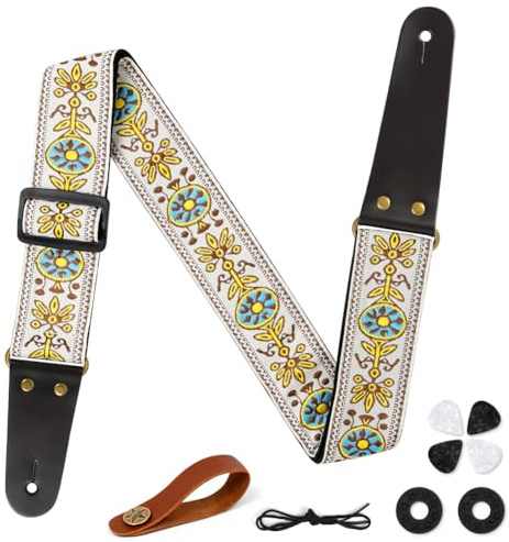 Aucuu Gitarrengurt, 2 Vintage bestickte Baumwolle Gitarrengurt, Verstellbarer Gitarrenband Echtleder Enden für Bass Elektro Akustik, mit Gurtknopf 2 Gurtschlössern 4 Gitarrenplektren