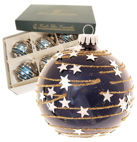 Krebs Glas Lauscha - Weihnachtsdekoration/Christbaumschmuck aus Glas - Weihnachtskugeln - Motiv: Kobaltblau-glänzend mit Sternenhimmel - Größe: 6 mal 8cm