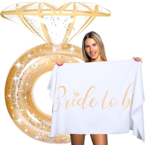 Bride Diamond Ring Pool Float & Towel Set Bachelorette Party Decoration Inflatable Diamond Bride Pool Float Bridal Shower Gift Engagement Party Accessories Swimming Tube River Wedding Photo Prop(Gold)