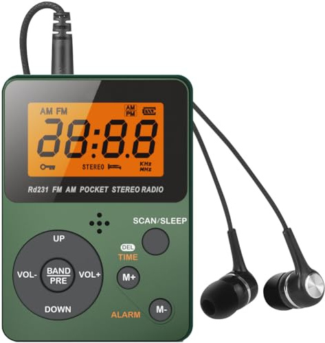 Radio FM/AM portátil de bolsillo, radio digital, con auriculares, pantalla grande y temporizador de sueño, para correr, caminar, trotar, ciclismo (verde)