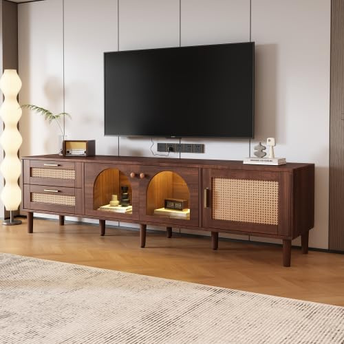 Temdlerpp Grand Meuble TV Vintage, Armoire pour télé 80 - 2 Tiroirs en Rotin - Portes en Verre bombé, Eclairage LED, Banc TV Marron, 180 cm
