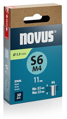 NOVUS TOOLS Dadi per rivetti ciechi in acciaio, diametro 5,9 mm, filettatura M4, lunghezza 11 mm, 50 dadi rivetti, lunghezza morsetto 0,5 – 2,0 mm, ideale per fissaggio in lamiere di acciaio e