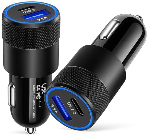 15W Dual Port Car Charger USB-A + USB-A Fast Charge Adapter for iPhone 14 13 12 Pro Max, Samsung, Android, iPad, Tablets – Compact Cigarette Lighter USB Plug