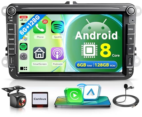 6G+128G 8 Core Wireless Carplay Android Autoradio für VW Golf 5 6 Passat Polo Tiguan Touran Caddy Skoda Seat 8 Zoll Autoradio Android Auto GPS Navi WiFi Mirror Link Bluetooth FM/RDS/DSP Rückfahrkamera