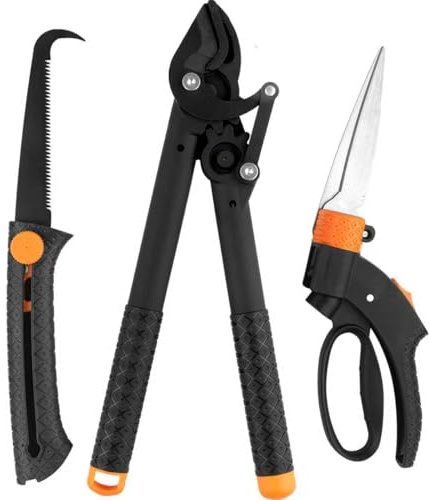 Garden Shears Tool Set 3 Pcs - Heavy Duty Lopper, Hedge Shears & Pruning Saw for Tree Branches, Hedges, Backyard & Fruit Trees, Carbon Steel Blades