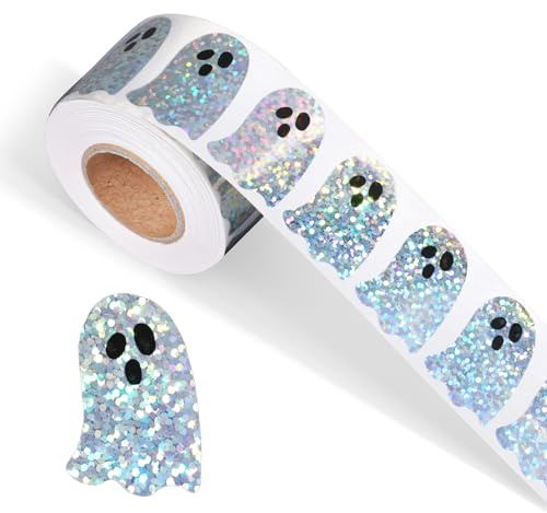 500 Stück Halloween Geist Aufkleber Rolle, Irisierende Niedliche Geister Sticker Wasserdicht Selbstklebend Holografische Deko für Umschläge Scrapbook Partygeschenke