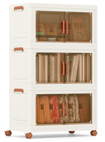 COSTWAY Contenitori Pieghevoli con Coperchio, Set da 4/3 Scatole di Plastica Impilabili con Ruote, per Organizzatore di Armadio con Porte a Apertura Frontale, Multiuso (62,5 x 34,5 x 99,5 cm)