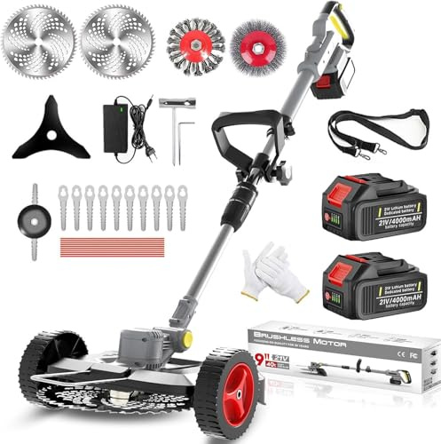 Rasentrimmer Mit Akku 21V,Akku Rasentrimmer für Makita-Akkus,Akku Freischneider mit 2 * 4.0Ah Akkus,750W Rasentrimmer Mit UnkrautbüRste,4 Klingentypen, Elektrischer Motorsense für Garden Trimmen,Grau