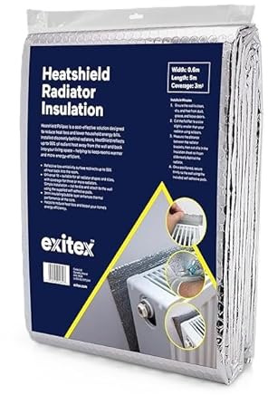Exitex Superior Heatshield Radiator Reflector Foil 0.6m x 5m (3m²) | 3mm bubble insulation reflects heat back into the room; covers 3m² and includes self-adhesive pads. Cut to fit all radiators.