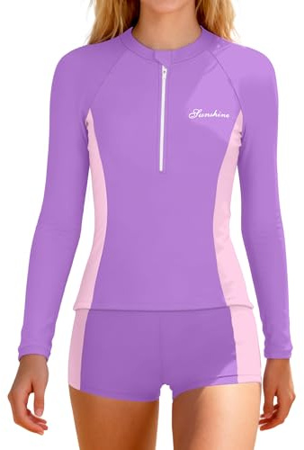 Girls Rash Guard Swimsuit 10-12 Two Piece Set Long Sleeve Purple and Pink Color Block Bathing Suit UPF Sun Protection Kids Girls Long Sleeve Swimsuit for Water Sports